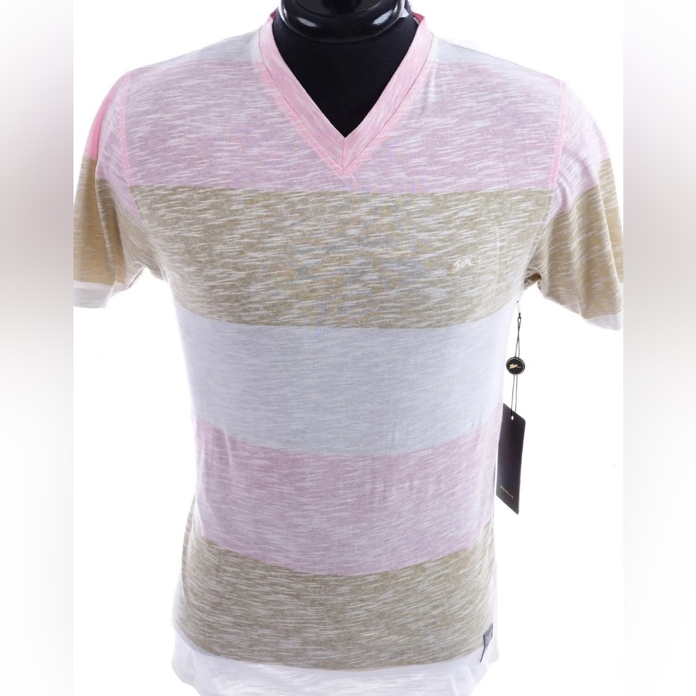 MEN’S PALE ROSE STRIPED V-NECK SHIRT